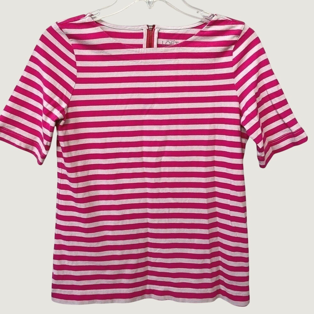 LOFT Short Sleeve Crewneck Striped Knit Shirt Womens XS Pink Ivory Casual